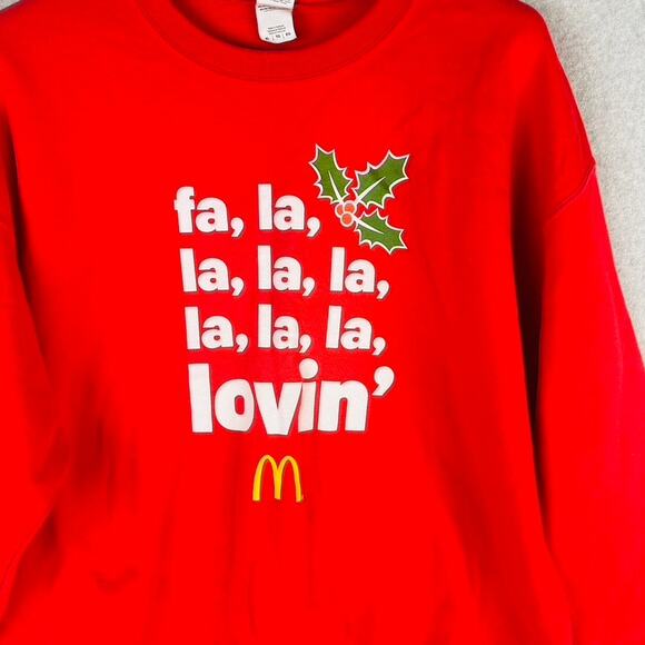 McDonald’s Unisex XL Sweatshirt Holiday Christmas Fa La La Lovin Red Mickey D’s - Picture 5 of 11